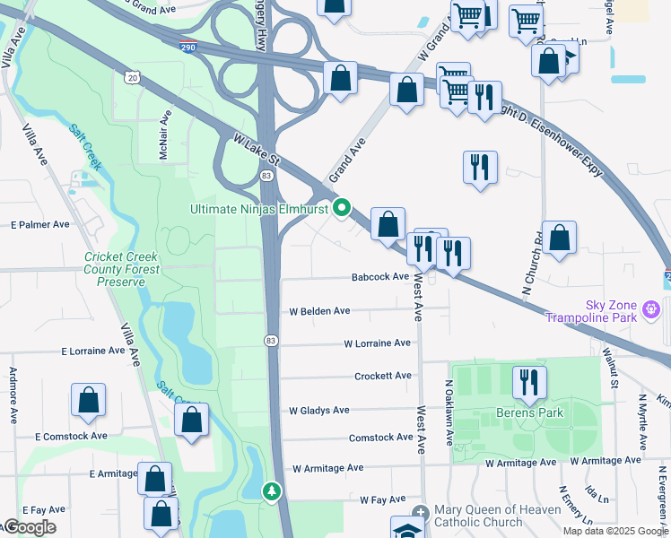 map of restaurants, bars, coffee shops, grocery stores, and more near 654 Mary Court in Elmhurst