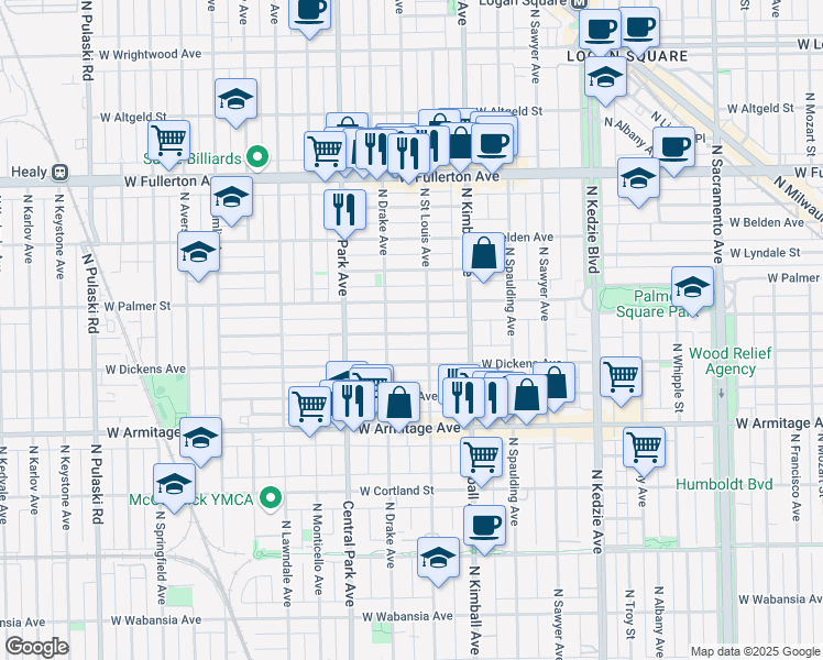 map of restaurants, bars, coffee shops, grocery stores, and more near 3512 West Shakespeare Avenue in Chicago