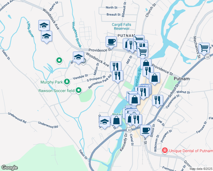 map of restaurants, bars, coffee shops, grocery stores, and more near 39 Recreation Park Road in Putnam