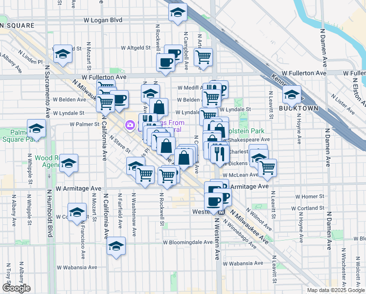 map of restaurants, bars, coffee shops, grocery stores, and more near 2517 West Shakespeare Avenue in Chicago