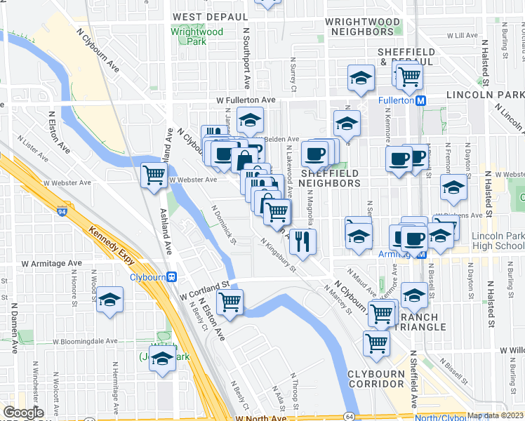 map of restaurants, bars, coffee shops, grocery stores, and more near N Clybourn Ave & N Wayne Ave in Chicago