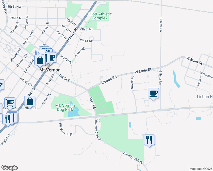 map of restaurants, bars, coffee shops, grocery stores, and more near 720 Lisbon Road in Mount Vernon