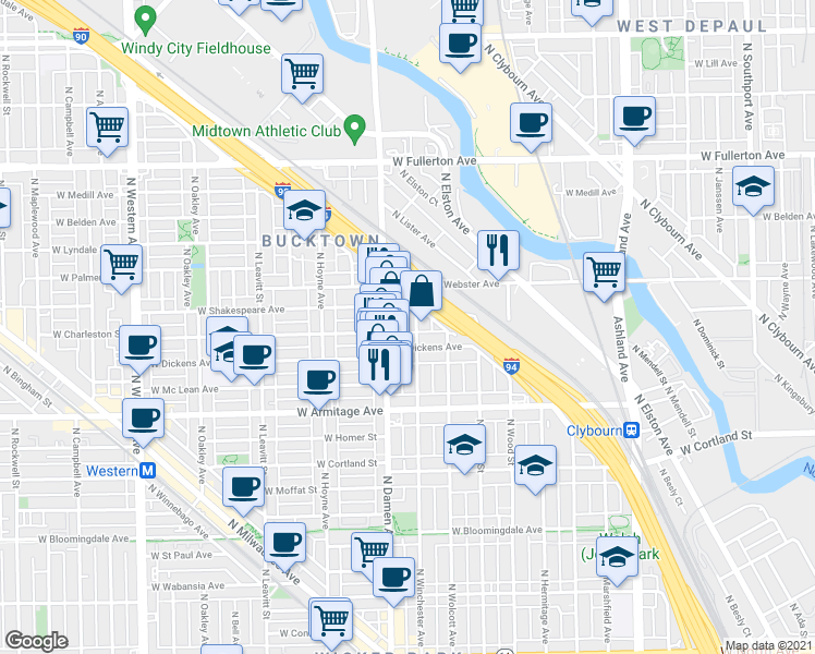map of restaurants, bars, coffee shops, grocery stores, and more near 2129 North Winchester Avenue in Chicago
