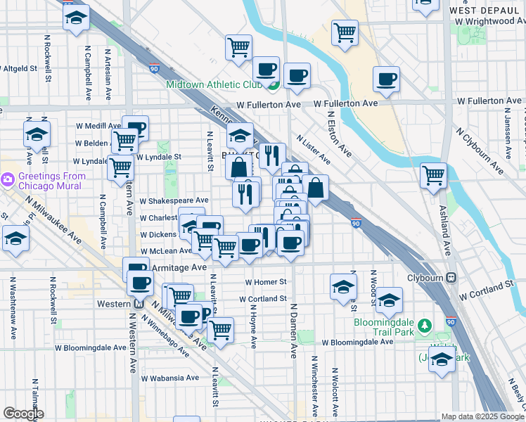 map of restaurants, bars, coffee shops, grocery stores, and more near 2047 West Shakespeare Avenue in Chicago