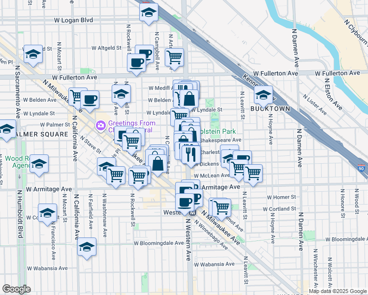 map of restaurants, bars, coffee shops, grocery stores, and more near 2132 North Western Avenue in Chicago