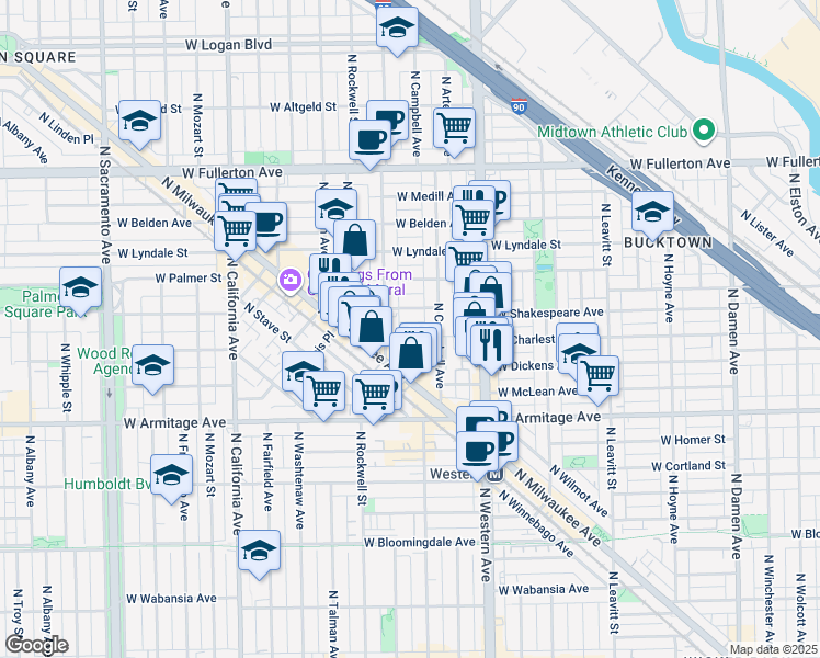 map of restaurants, bars, coffee shops, grocery stores, and more near 2517 West Shakespeare Avenue in Chicago