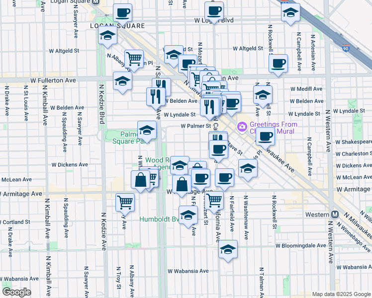 map of restaurants, bars, coffee shops, grocery stores, and more near 2127 North Humboldt Boulevard in Chicago