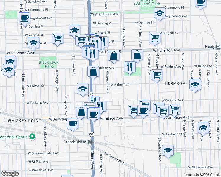 map of restaurants, bars, coffee shops, grocery stores, and more near 2158 North Kilpatrick Avenue in Chicago