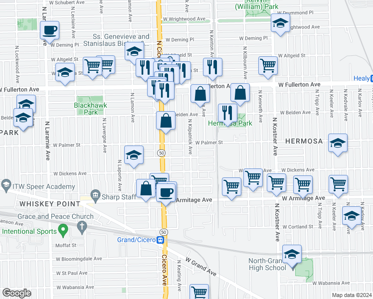 map of restaurants, bars, coffee shops, grocery stores, and more near 2158 North Kilpatrick Avenue in Chicago
