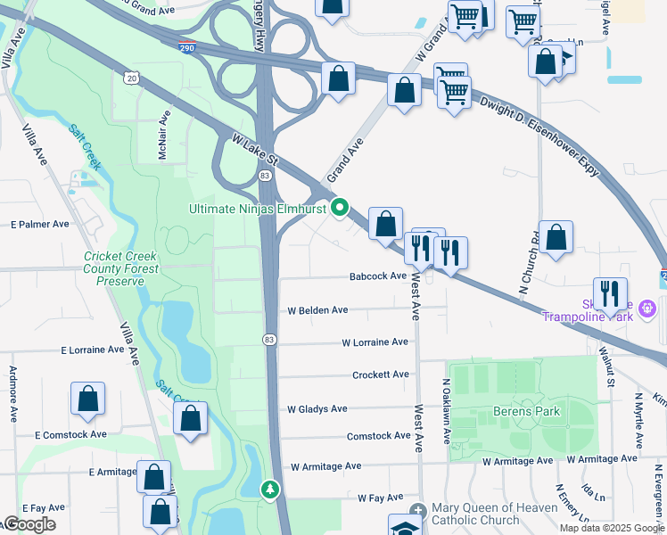 map of restaurants, bars, coffee shops, grocery stores, and more near 654 Mary Court in Elmhurst