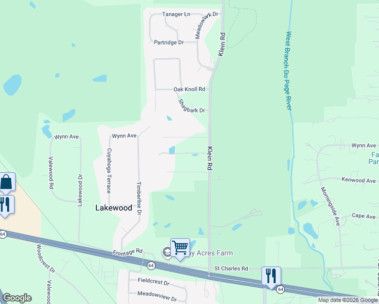 map of restaurants, bars, coffee shops, grocery stores, and more near 29W275 Oak Lane in West Chicago