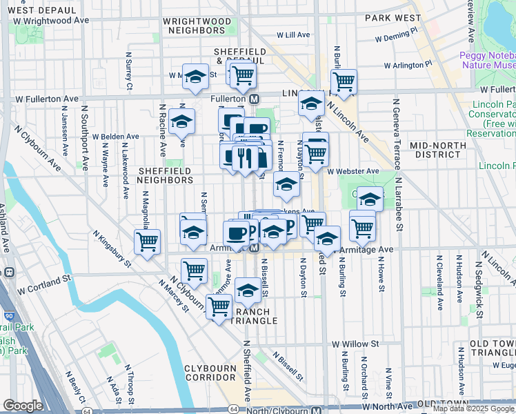 map of restaurants, bars, coffee shops, grocery stores, and more near 2106 North Bissell Street in Chicago