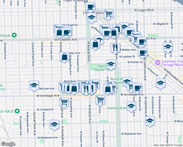 map of restaurants, bars, coffee shops, grocery stores, and more near 3129 West Palmer Street in Chicago