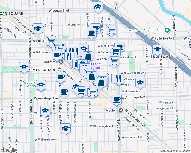 map of restaurants, bars, coffee shops, grocery stores, and more near 2140 North Maplewood Avenue in Chicago