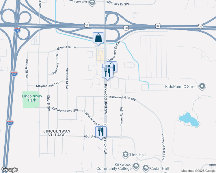 map of restaurants, bars, coffee shops, grocery stores, and more near 5635 Kirkwood Boulevard Southwest in Cedar Rapids