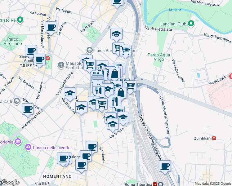 map of restaurants, bars, coffee shops, grocery stores, and more near 21 Via Cesare Rasponi in Roma