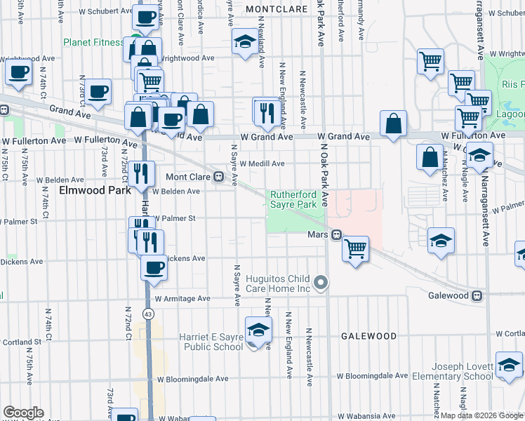 map of restaurants, bars, coffee shops, grocery stores, and more near 2204 North Newland Avenue in Chicago