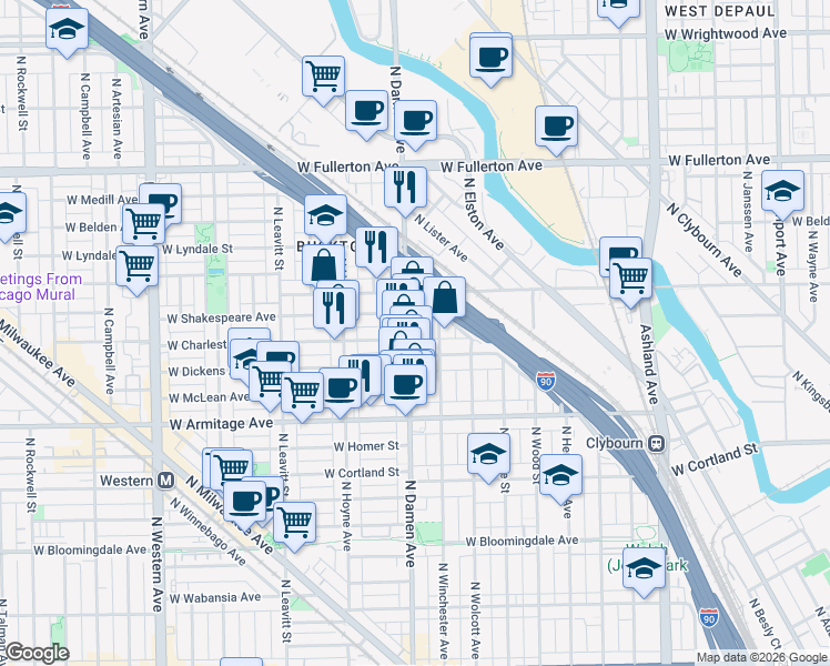map of restaurants, bars, coffee shops, grocery stores, and more near in Chicago