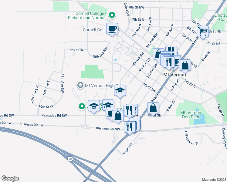 map of restaurants, bars, coffee shops, grocery stores, and more near 615 5th Avenue Southwest in Mount Vernon