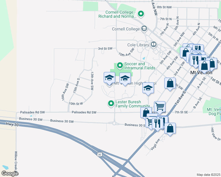 map of restaurants, bars, coffee shops, grocery stores, and more near 731 Palisades Road Southwest in Mount Vernon