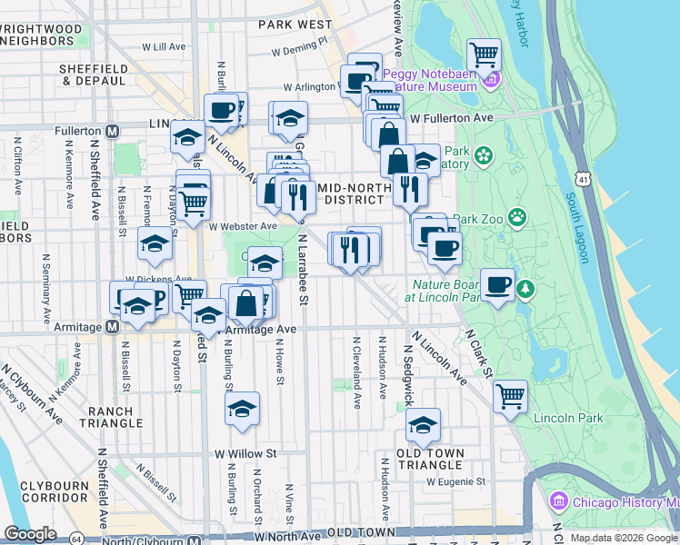map of restaurants, bars, coffee shops, grocery stores, and more near 530 West Dickens Avenue in Chicago