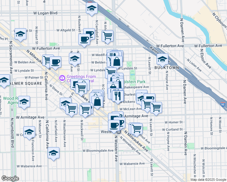 map of restaurants, bars, coffee shops, grocery stores, and more near 2132 North Western Avenue in Chicago