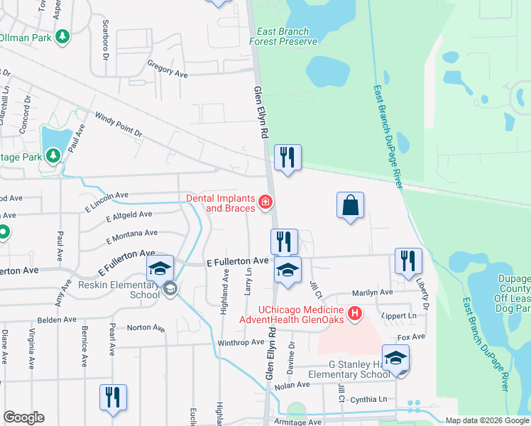 map of restaurants, bars, coffee shops, grocery stores, and more near 1660 Glen Ellyn Road in Glendale Heights