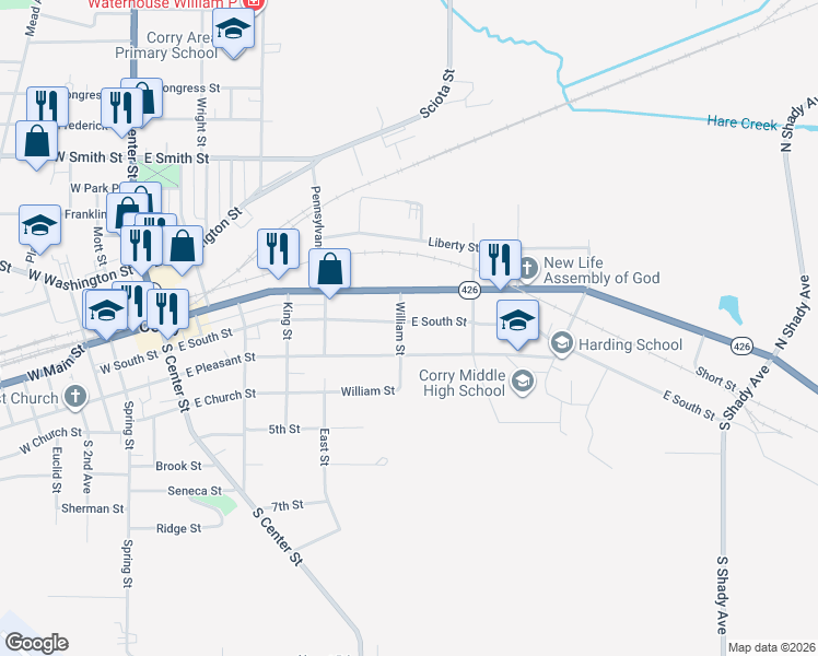 map of restaurants, bars, coffee shops, grocery stores, and more near 508 East South Street in Corry