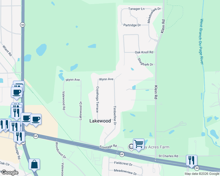 map of restaurants, bars, coffee shops, grocery stores, and more near 317 Timberline Drive in West Chicago