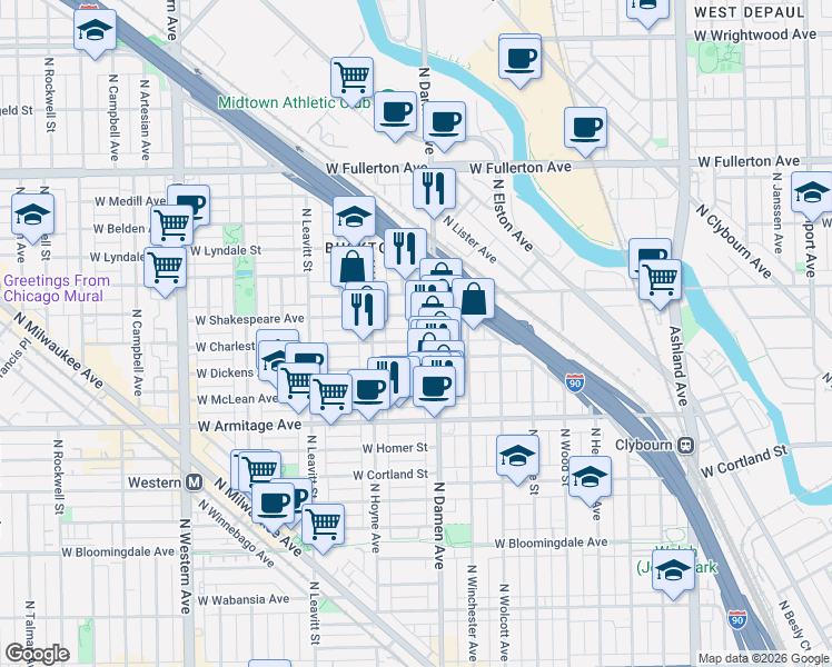 map of restaurants, bars, coffee shops, grocery stores, and more near 2130 North Damen Avenue in Chicago