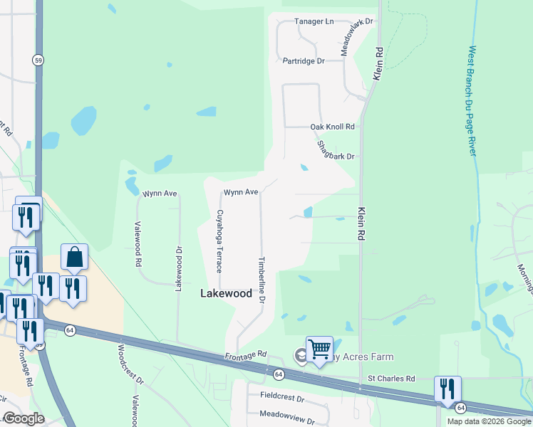 map of restaurants, bars, coffee shops, grocery stores, and more near 317 Timberline Drive in West Chicago