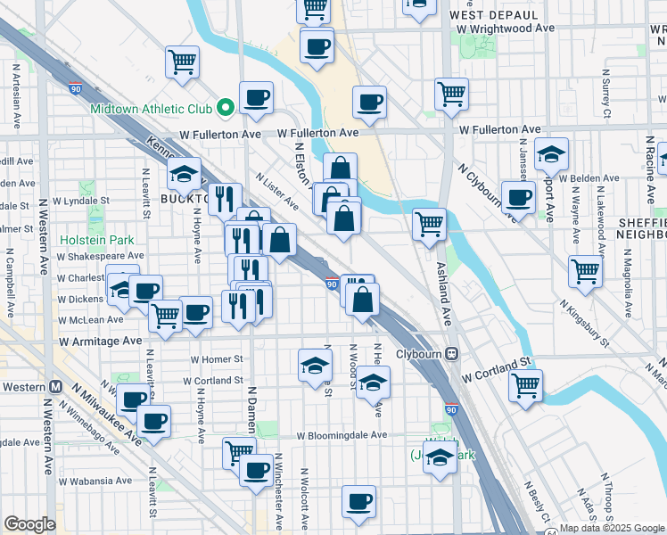 map of restaurants, bars, coffee shops, grocery stores, and more near 2061 North Honore Street in Chicago