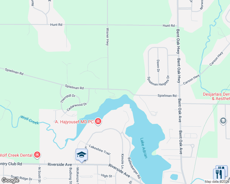 map of restaurants, bars, coffee shops, grocery stores, and more near 2940 Spielman Road in Adrian