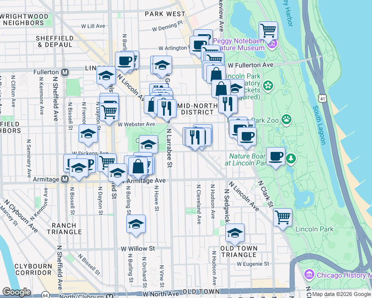map of restaurants, bars, coffee shops, grocery stores, and more near 530 West Dickens Avenue in Chicago