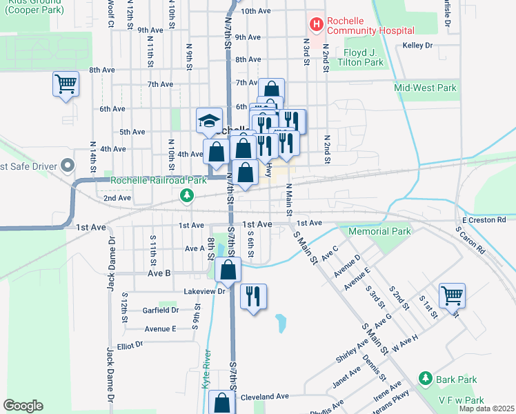 map of restaurants, bars, coffee shops, grocery stores, and more near 118 South Washington Street in Rochelle