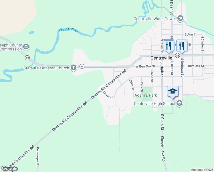 map of restaurants, bars, coffee shops, grocery stores, and more near 521 West Main Street in Centreville