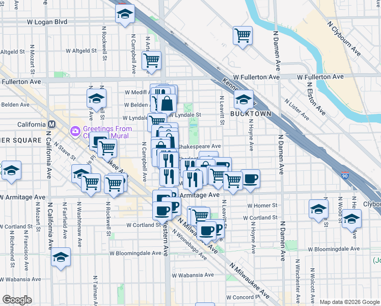 map of restaurants, bars, coffee shops, grocery stores, and more near in Chicago