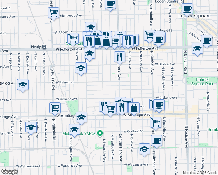 map of restaurants, bars, coffee shops, grocery stores, and more near 3638 West Shakespeare Avenue in Chicago