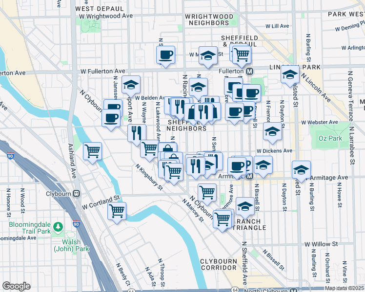 map of restaurants, bars, coffee shops, grocery stores, and more near 2126 North Racine Avenue in Chicago