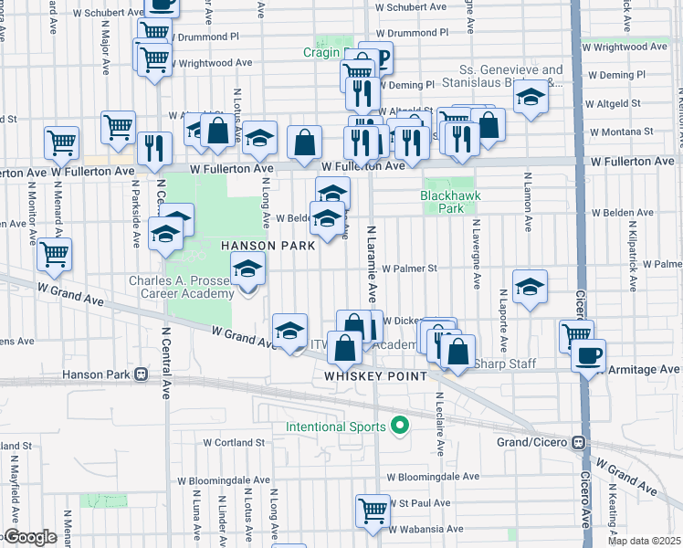 map of restaurants, bars, coffee shops, grocery stores, and more near 2158 North Latrobe Avenue in Chicago