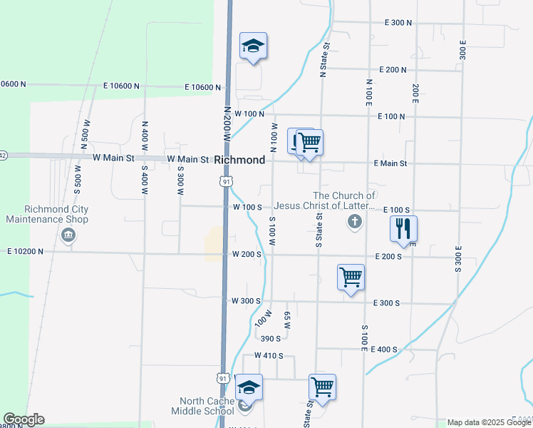 map of restaurants, bars, coffee shops, grocery stores, and more near 108 South 100 West in Richmond