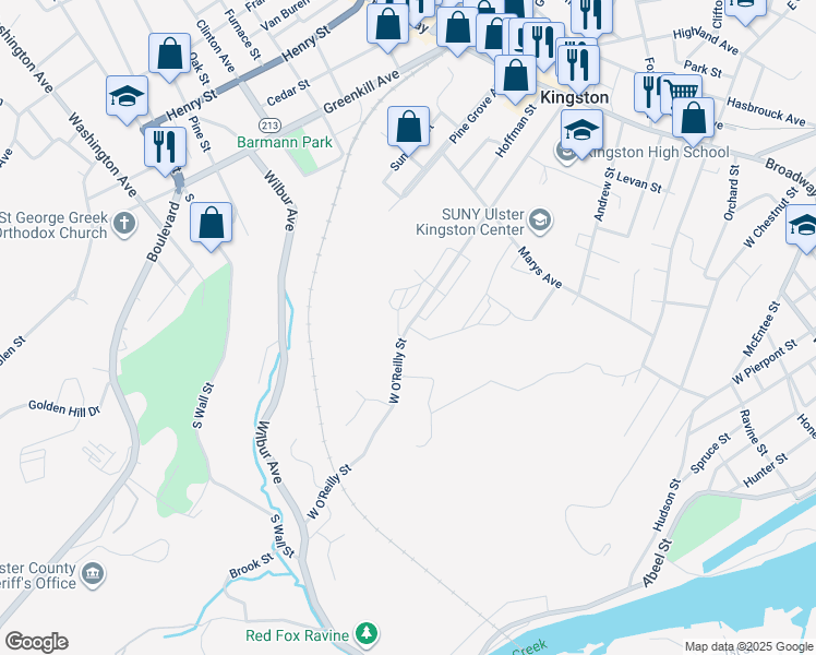 map of restaurants, bars, coffee shops, grocery stores, and more near 172 West O'Reilly Street in Kingston