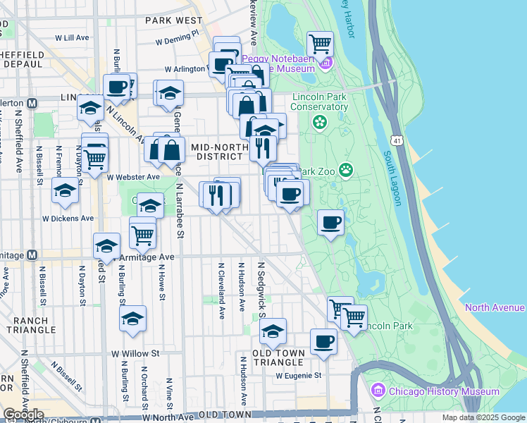 map of restaurants, bars, coffee shops, grocery stores, and more near 354 West Dickens Avenue in Chicago