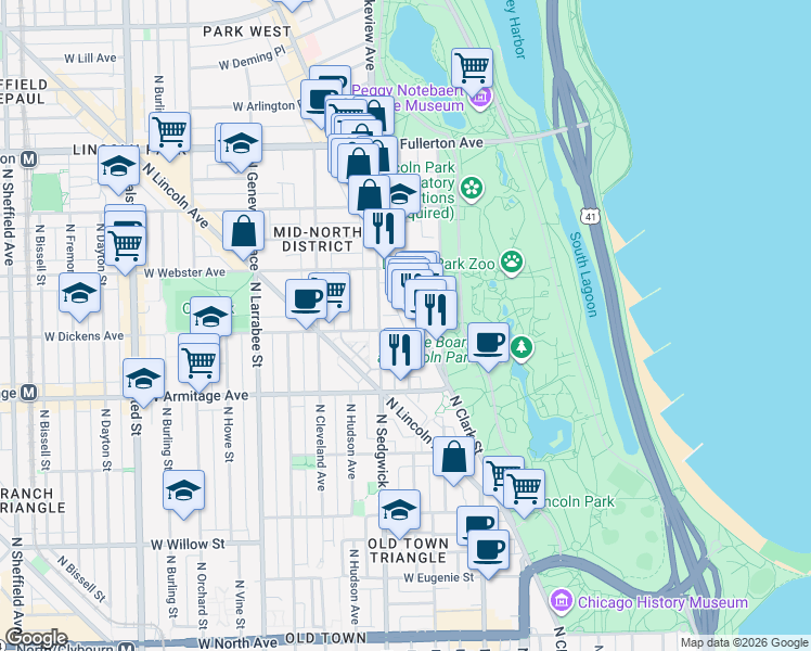 map of restaurants, bars, coffee shops, grocery stores, and more near 334 West Dickens Avenue in Chicago