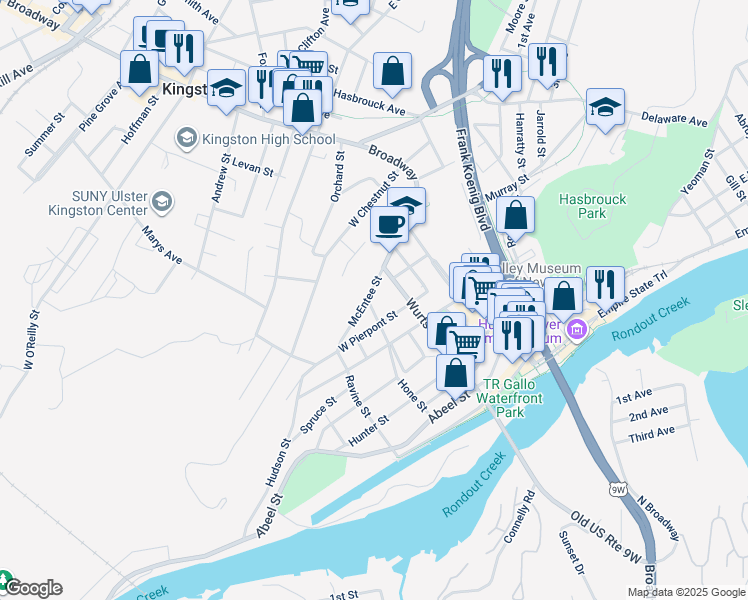 map of restaurants, bars, coffee shops, grocery stores, and more near 103 Wurts Street in Kingston