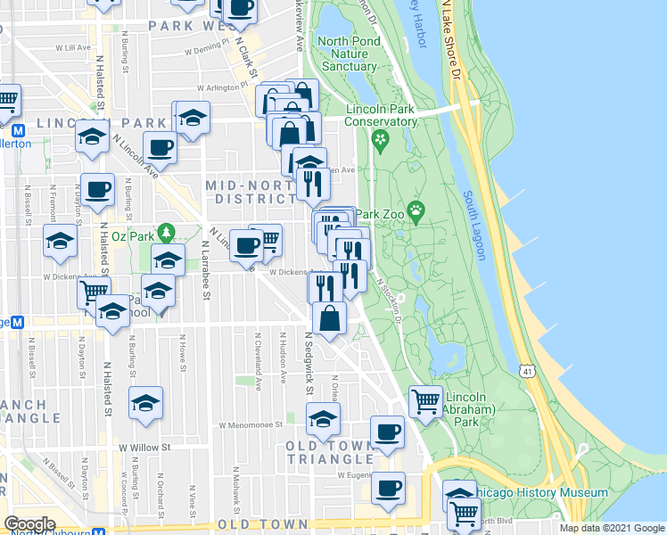 map of restaurants, bars, coffee shops, grocery stores, and more near in Chicago