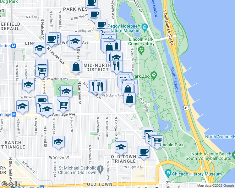 map of restaurants, bars, coffee shops, grocery stores, and more near 2114 North Sedgwick Street in Chicago