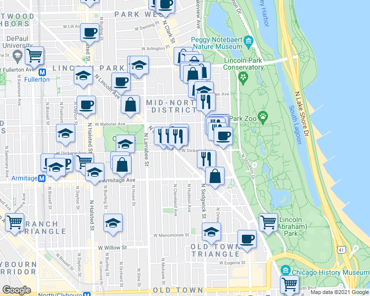 map of restaurants, bars, coffee shops, grocery stores, and more near in Chicago
