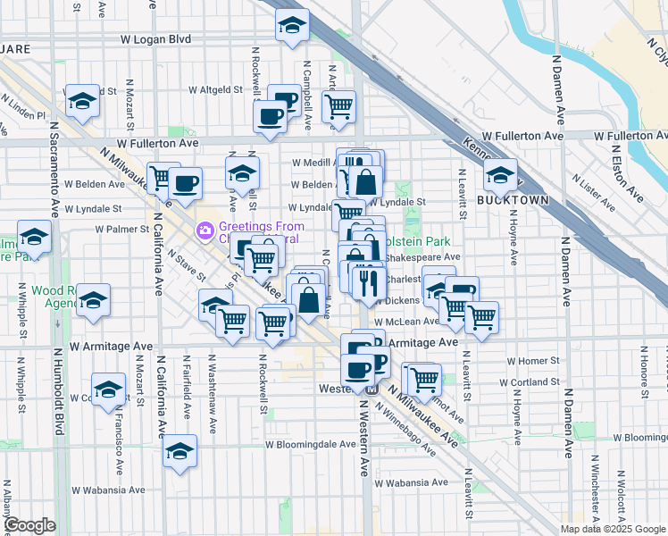 map of restaurants, bars, coffee shops, grocery stores, and more near 2132 North Western Avenue in Chicago