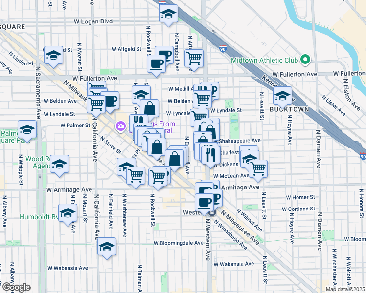 map of restaurants, bars, coffee shops, grocery stores, and more near 2517 West Shakespeare Avenue in Chicago